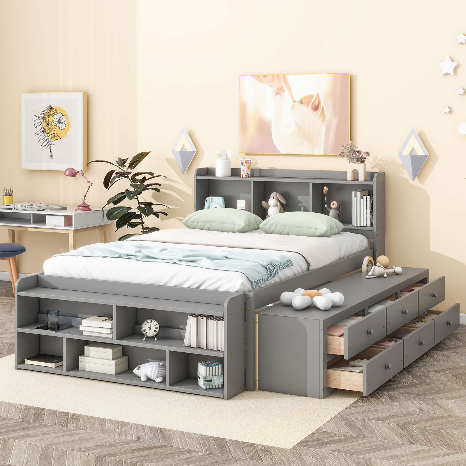 Wooden Full Size Bed Frame with Bookcase Storage Headboard and Drawers/Case Gray