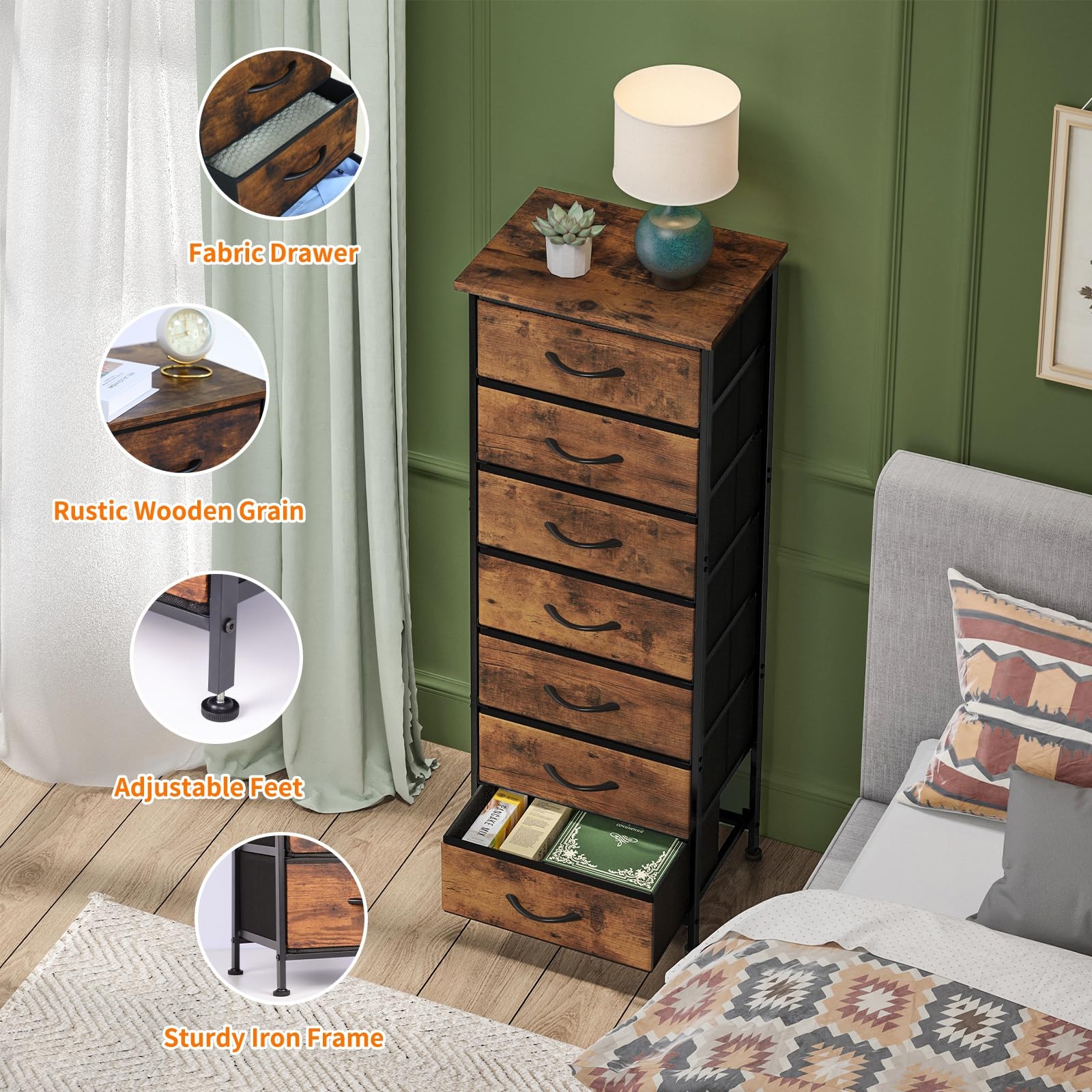 Fixwal Tall Skinny Dresser 11.8″D x 15.7″W x 47.2″H (7 Drawers), Rustic Brown