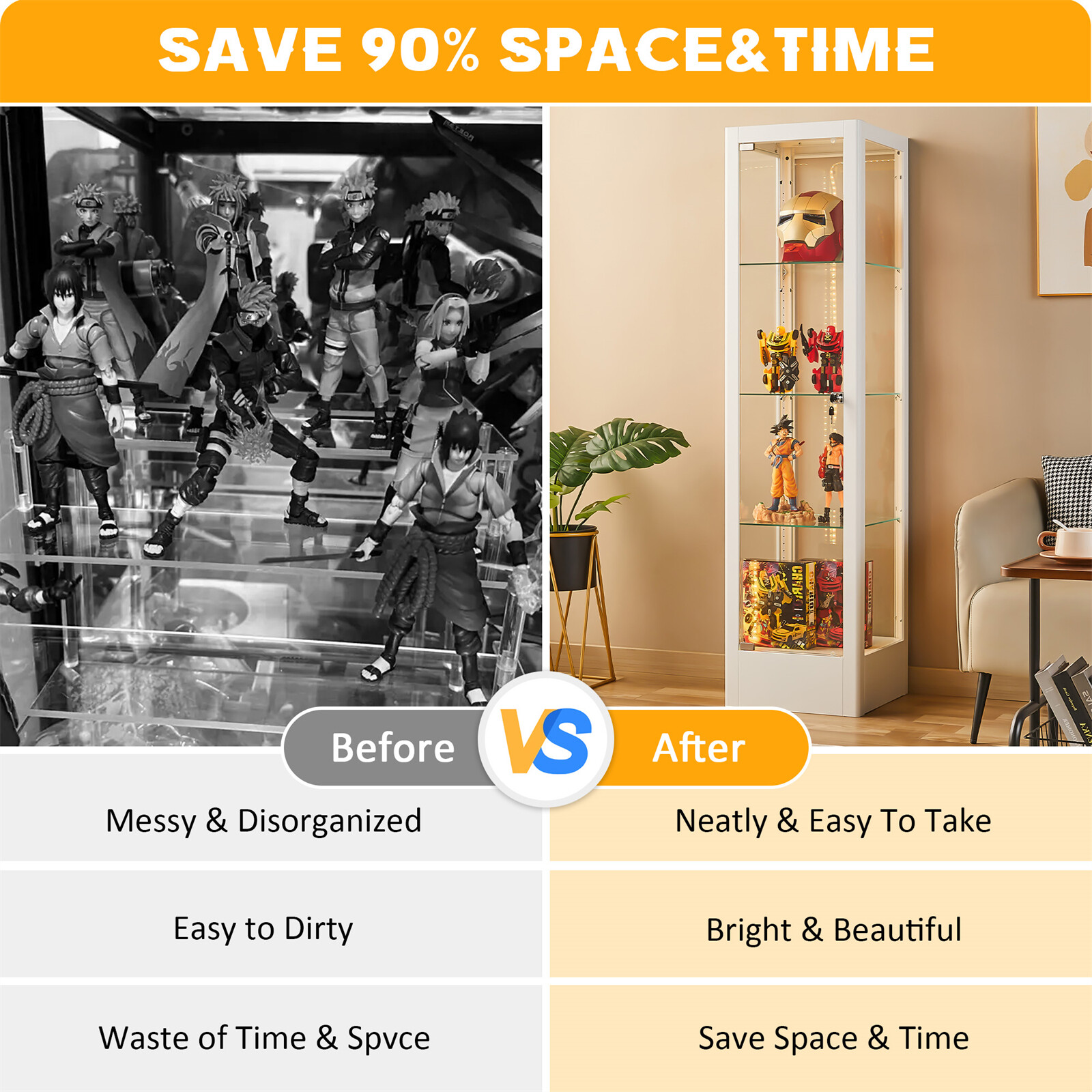 63″ Steel Curio Display Cabinet w RGB Light Lockable Collectibles Rack BookShelf