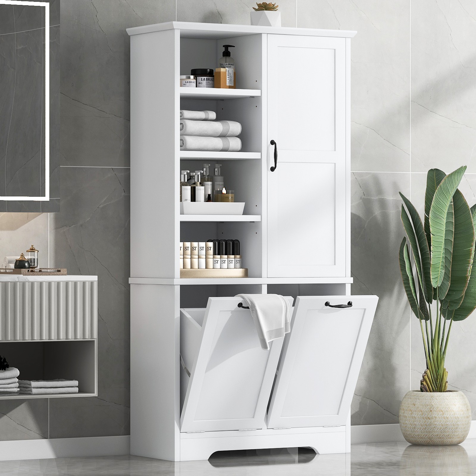 White Freestanding Bathroom Storage Cabinet with Doors Drawers Tilt Out Laundry