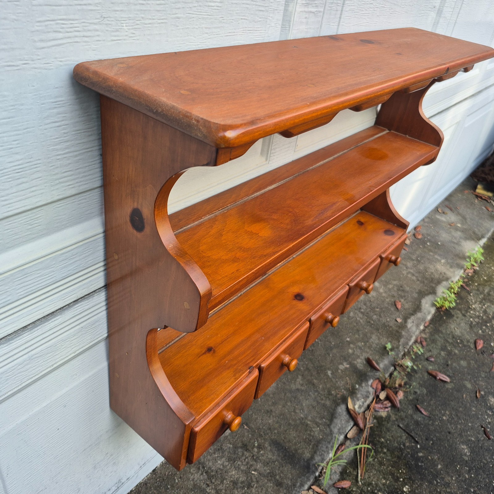 VTG Solid Pine Wall Rack w Plate Groove Display Cup Saucer Curio Shelf 5 Drawers