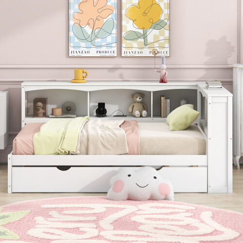 Solid Wood Daybed with Trundle Storage Bookcases Twin Size Sofa Bed Platform Bed