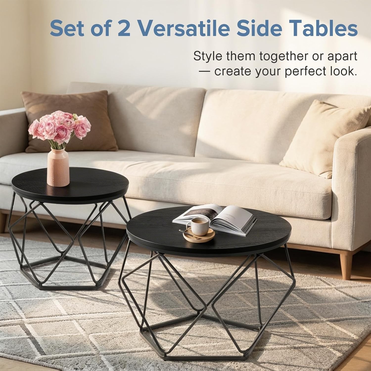 Set of 2 Modern Round Coffee Tables,Geometric Design,Cafe Livingroom End Tables