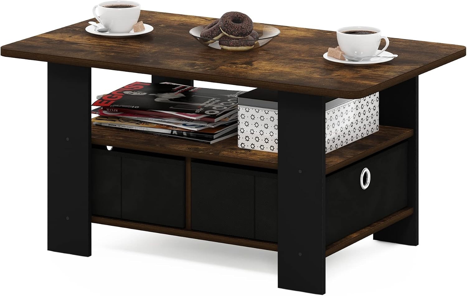 Chic Coffee Table with 2 Bin Drawers – Amber Pine/Black Finish, Durable Design