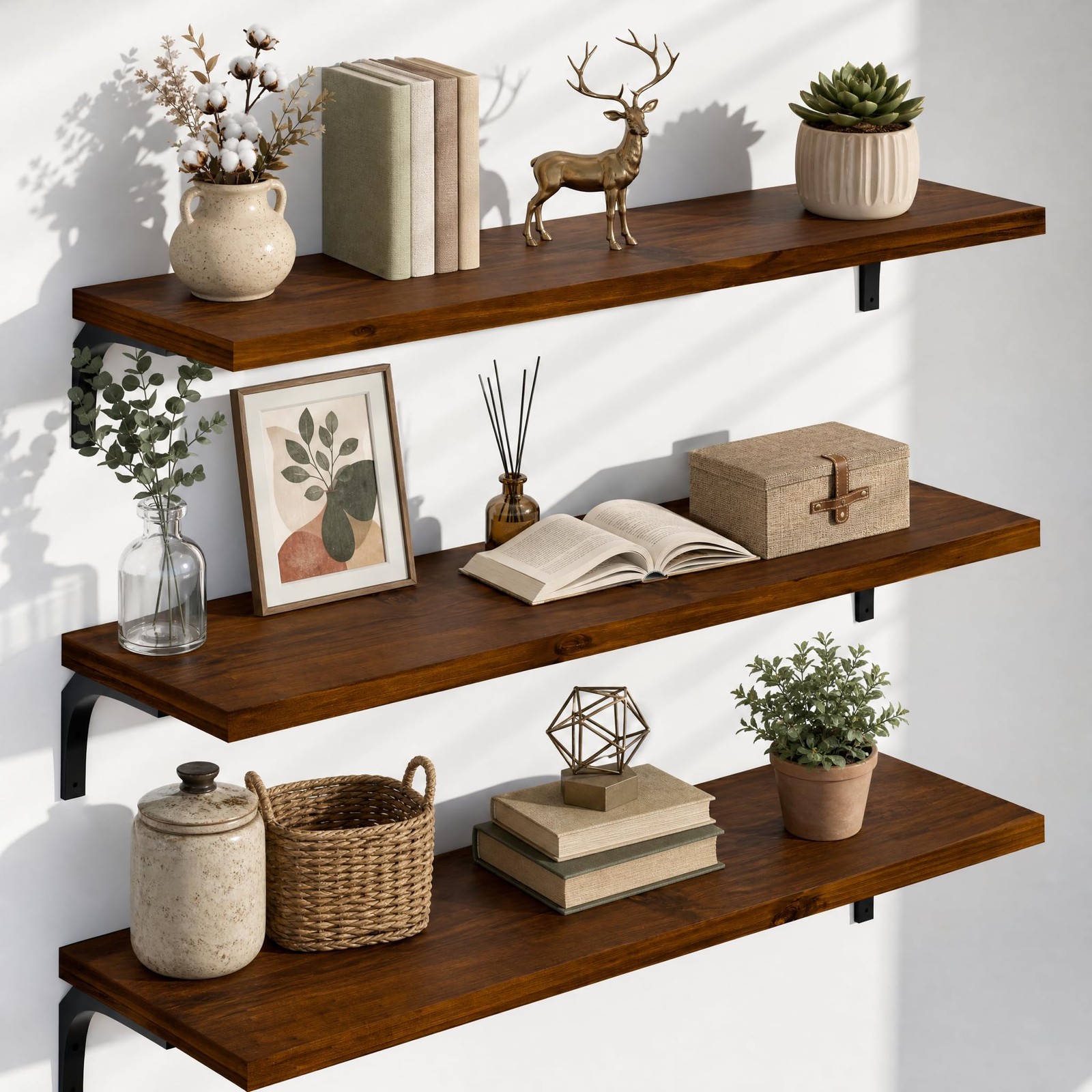 12 Inch Deep Floating Shelves Set of 3, 48 Inch Extra Wide Rustic Walnut Soli…
