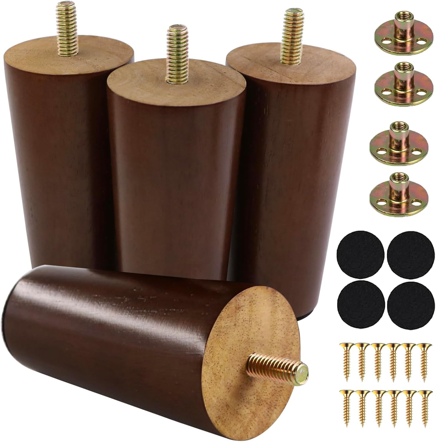 4 Inches round Solid Wood Furniture Legs Set of 4, Brown Wooden Replacement Feet