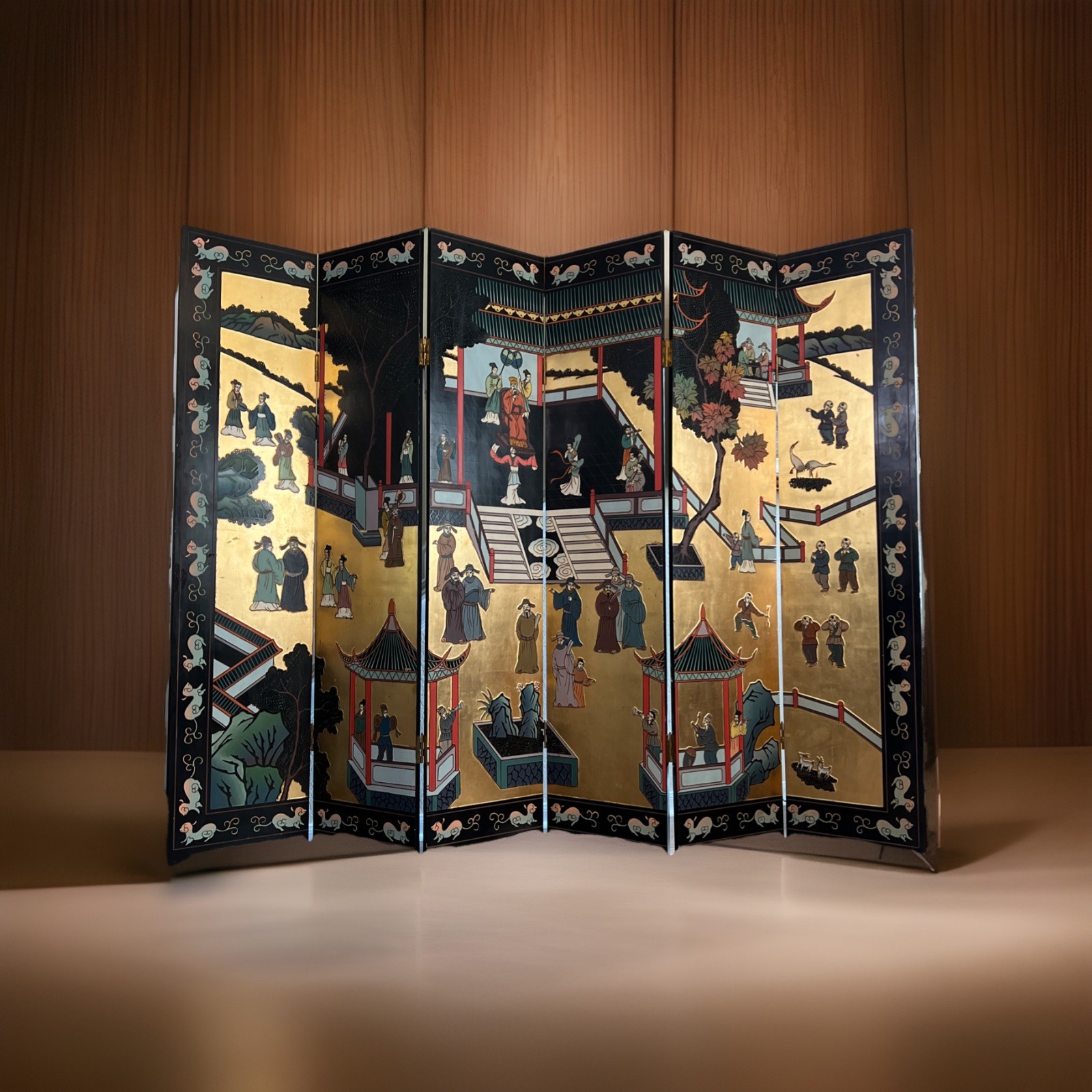 Vintage Chinese Hand Painted Wood 6-Panel Room Divider 7.11ftL x 5.11 3/8ftH