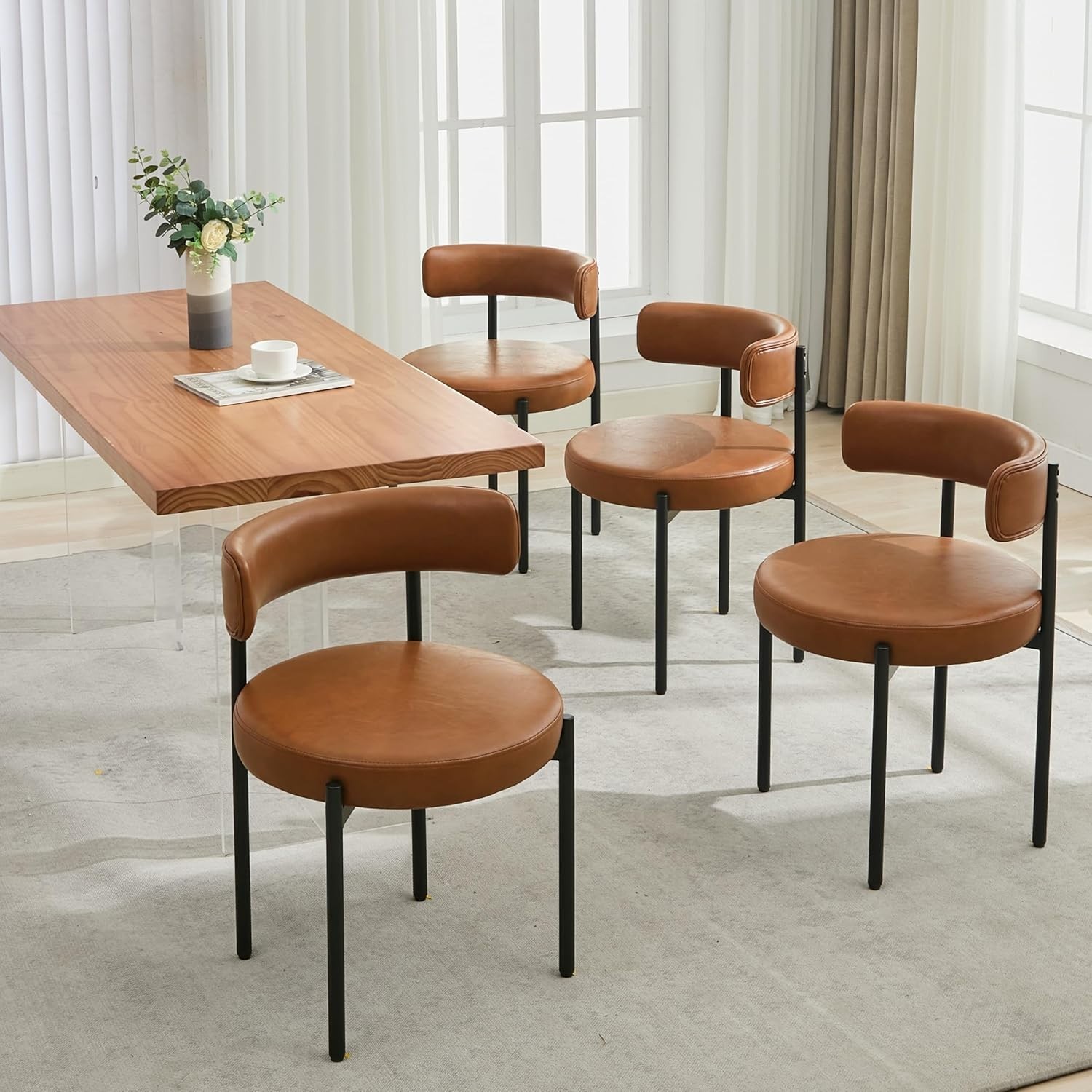 Faux Leather Dining Chairs Set of 4 Mid Century Modern Barrel Back Brown