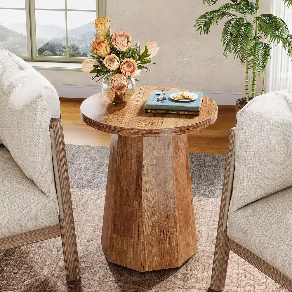 Kerlin 19.7 In. Mix Brown round MDF End Table, Small Drum Side Table, Snack Tabl