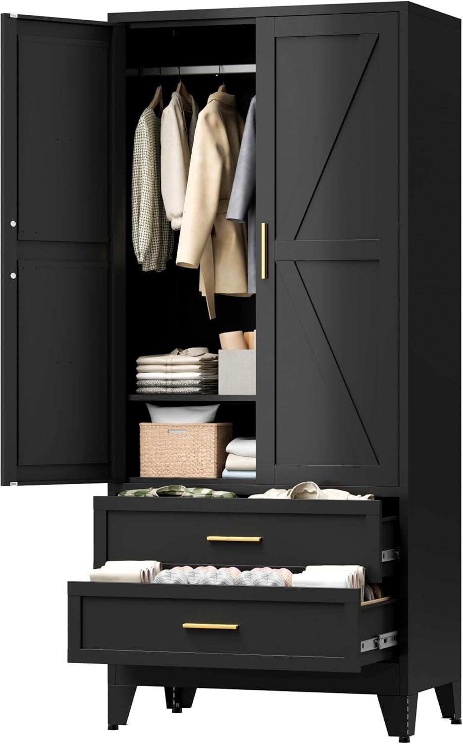 Cofar 71″H Metal Cabinet 2 Drawers Armoire Wardrobe Closet with Shelf For Home