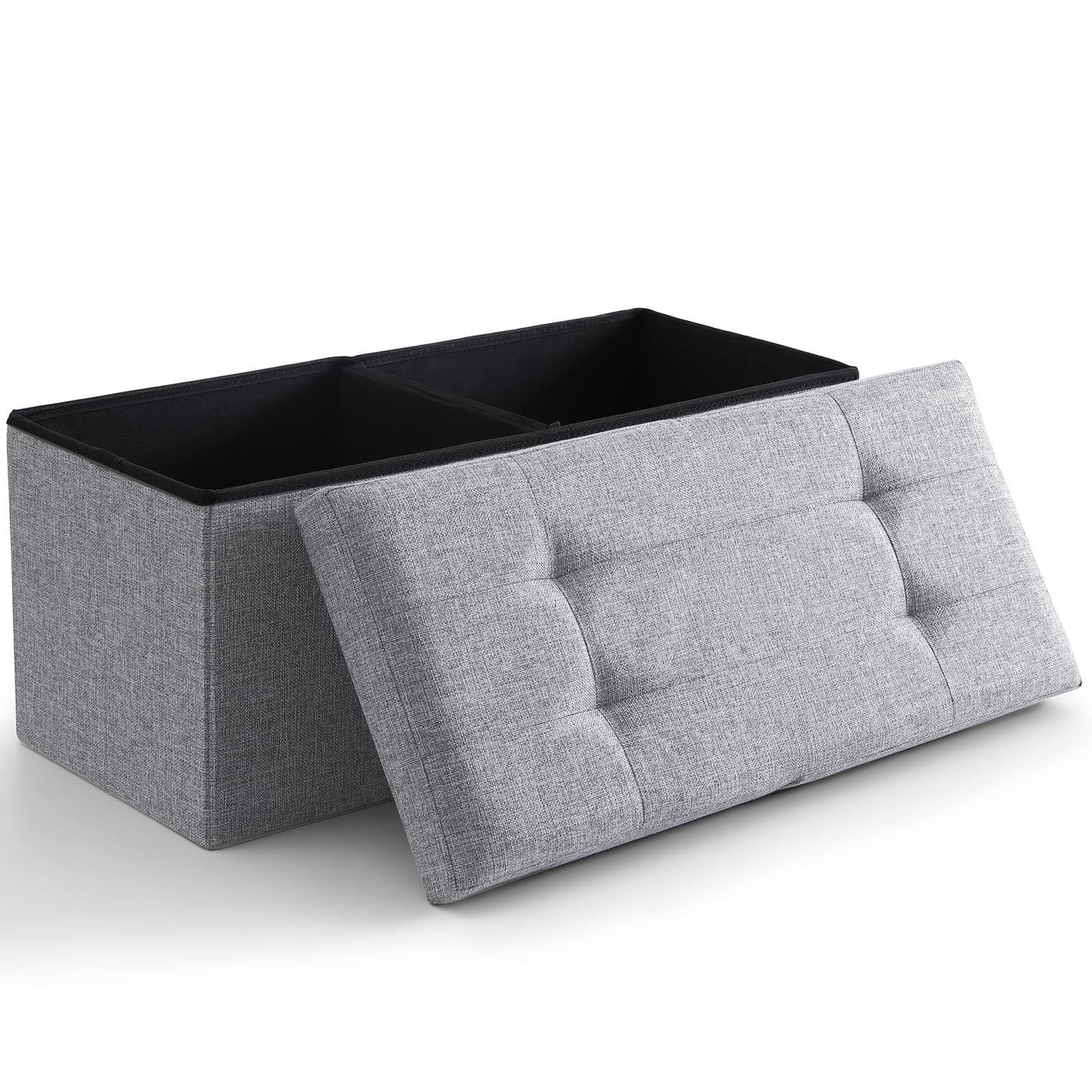 Grey 30 Inch Linen Fabric Storage Ottoman Bench Foldable Seat Flipping Lid