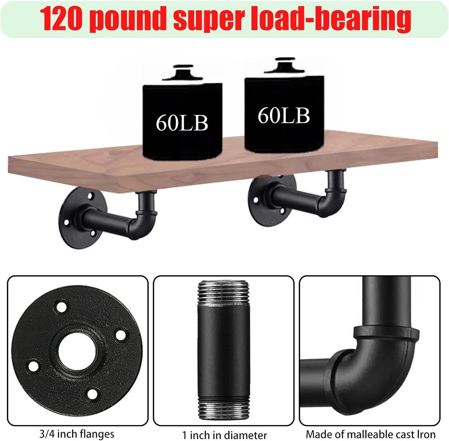 Durable Industrial Pipe Shelf Brackets, 7.5 Inch for Custom Shelving Solutions