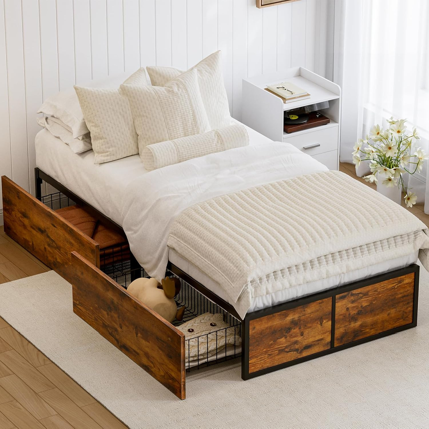 Twin Bed Frame with 2 XL Storage Drawers, Metal Platform Bed Frame with Footboar