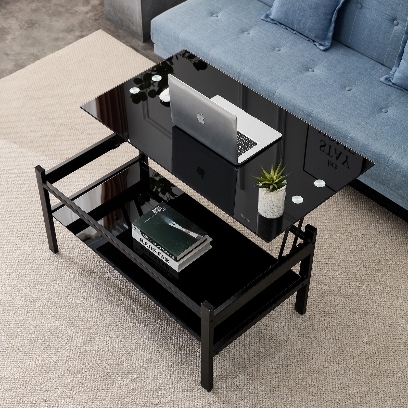 38″ All Black Tempered Glass Lift Top Coffee Table 2-Layer Home Work Centre Desk