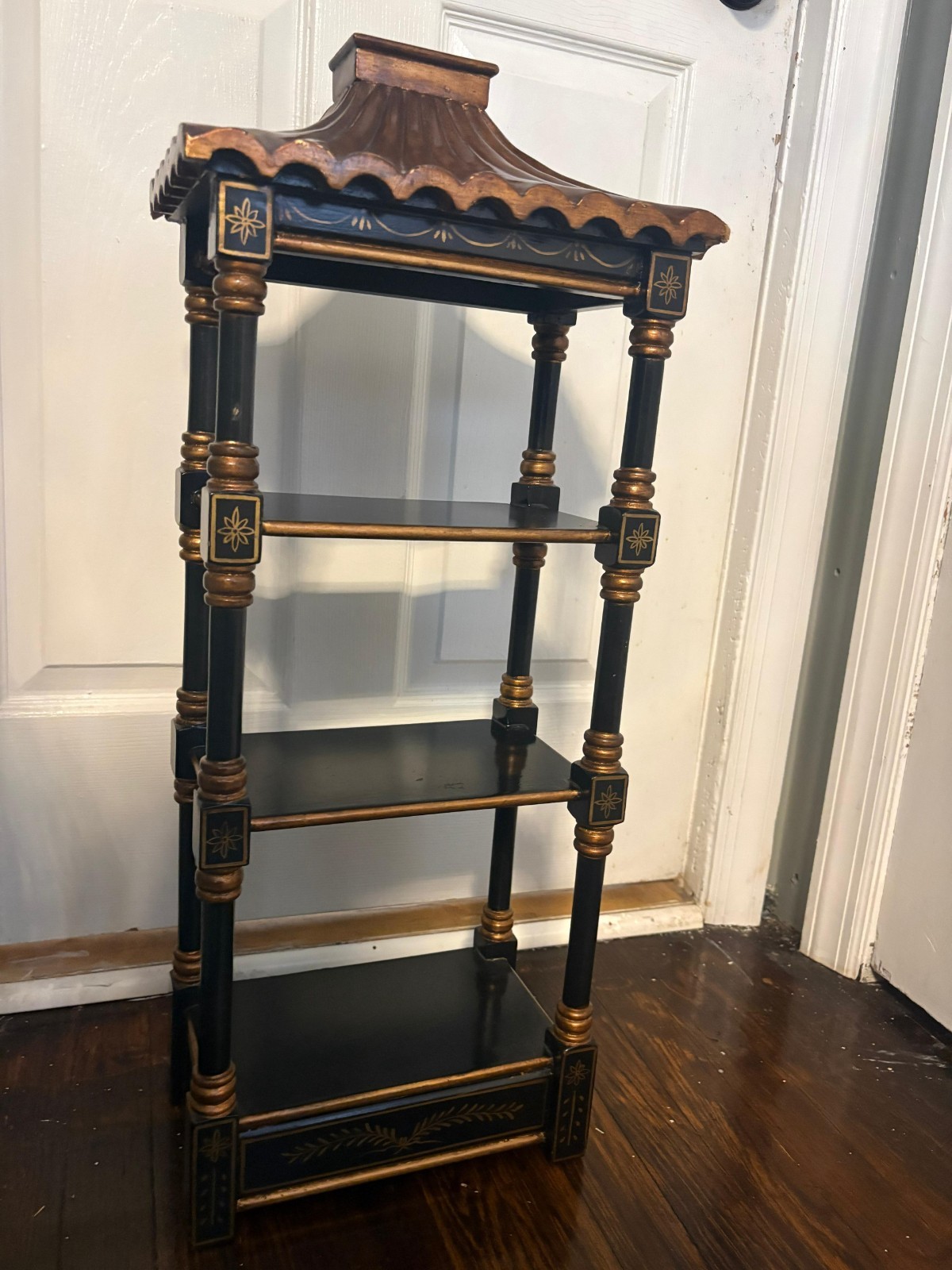 Chinoiserie Style Pagoda Wall Shelf Black Gold Faux Bamboo Asian