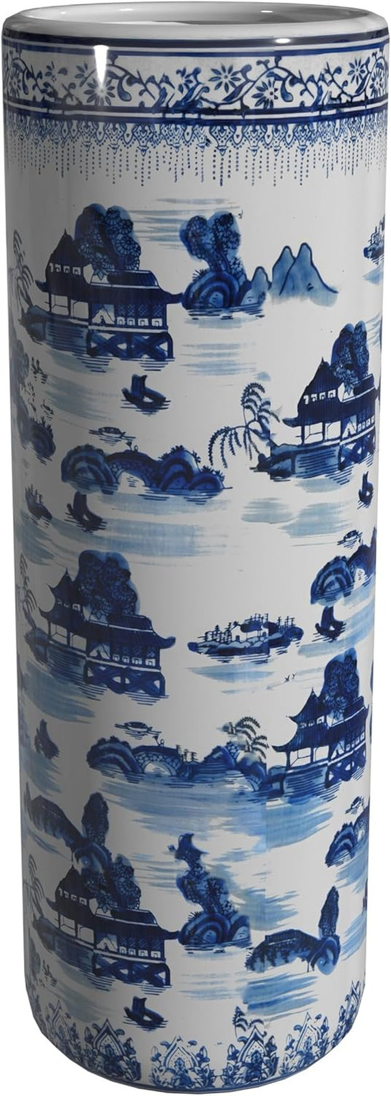 Oriental Furniture 20″ Landscape Blue & White Porcelain Umbrella Stand