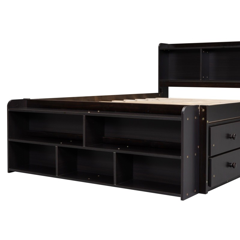 Full Size Wood Storage Bed w/Bookcase,6 Drawers & Bed End Storage Case Espresso
