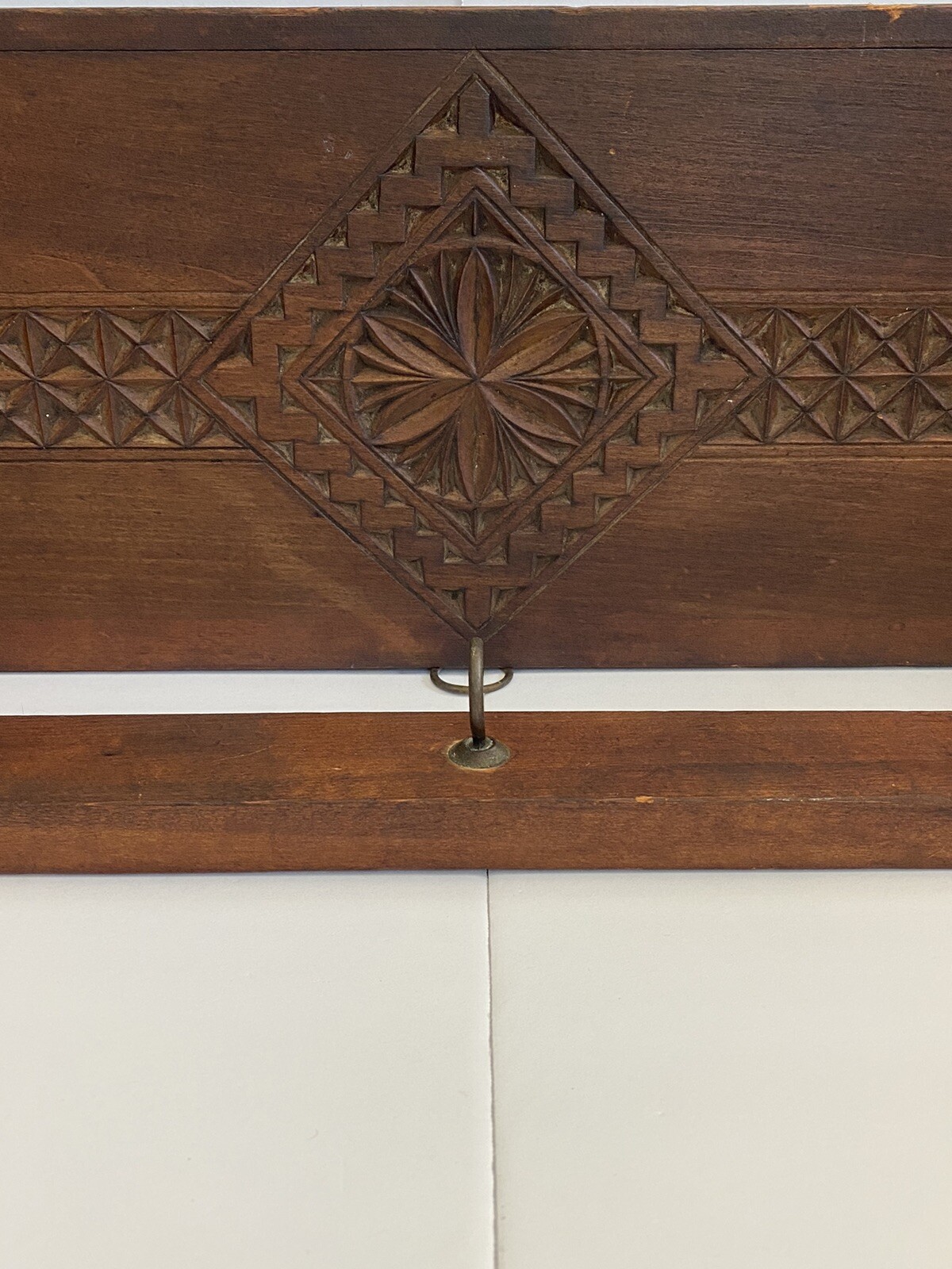 19thC ATQ Moorish Revival Eastlake Wood Carved Geometric Hat Rack Mantle Shelf