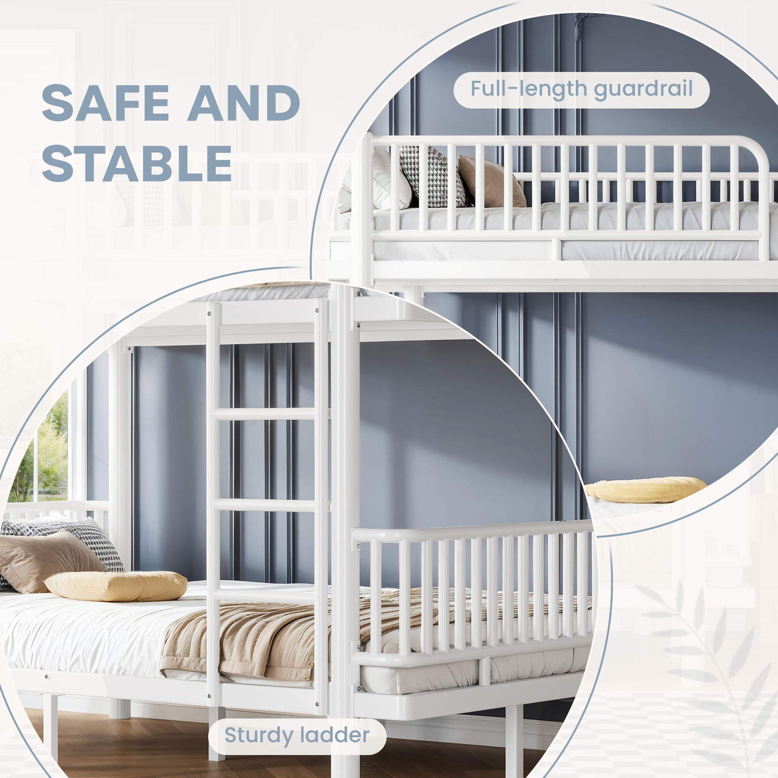 Full over Full/Queen over Queen Bunk Bed w/Ladders & Guardrails Metal Bunk Bed