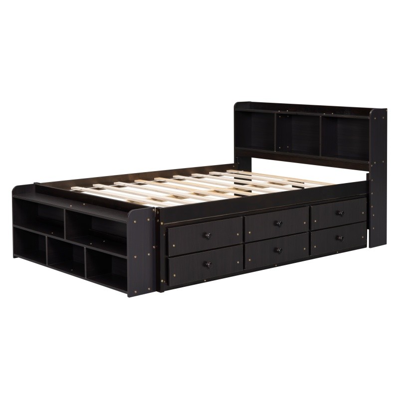 Full Size Wood Storage Bed w/Bookcase,6 Drawers & Bed End Storage Case Espresso