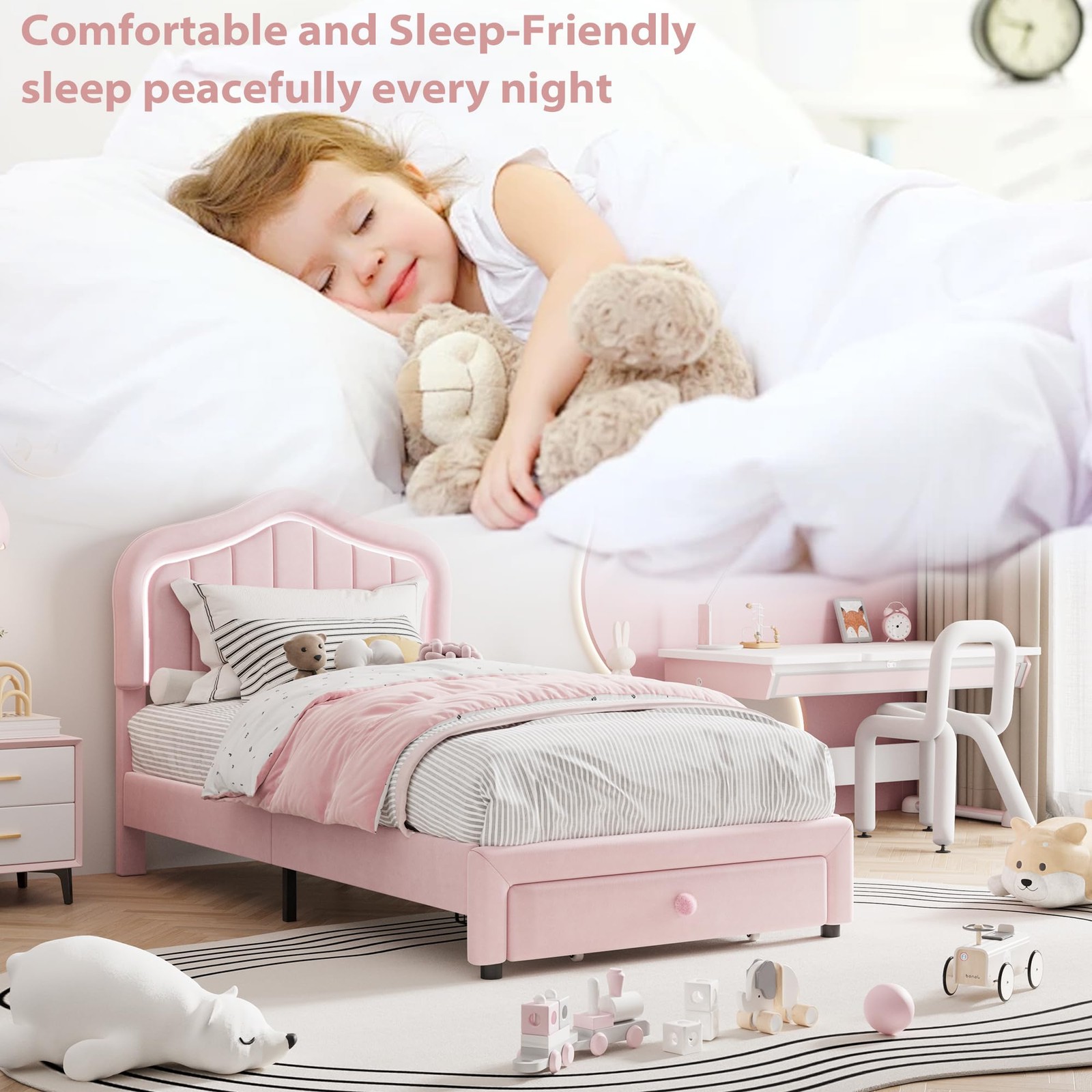 Twin Upholstered Bed Frame with Storage Drawer & LED Headboard for Kids/Girls