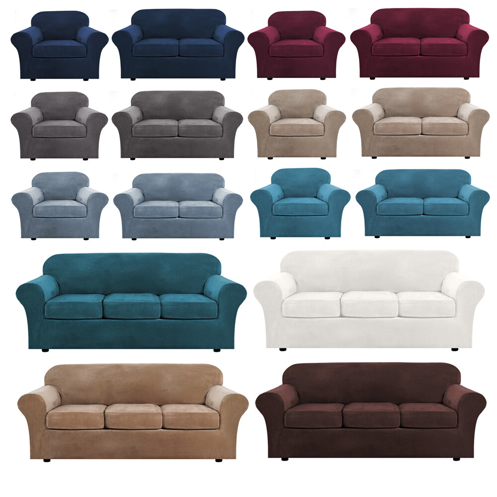 Stretch Velvet Sofa Cover Chair Couch Loveseat Slipcover Protector+Cushion Cover