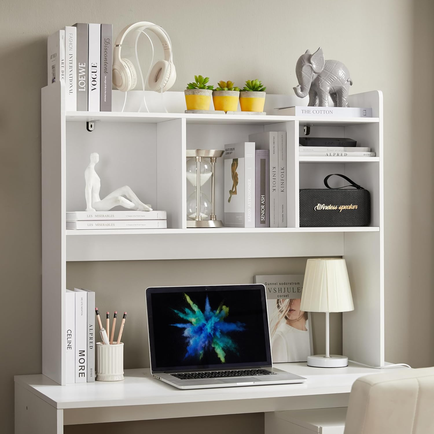 White Wooden Desktop Bookshelf with 6 Shelves for Home or Office Organization