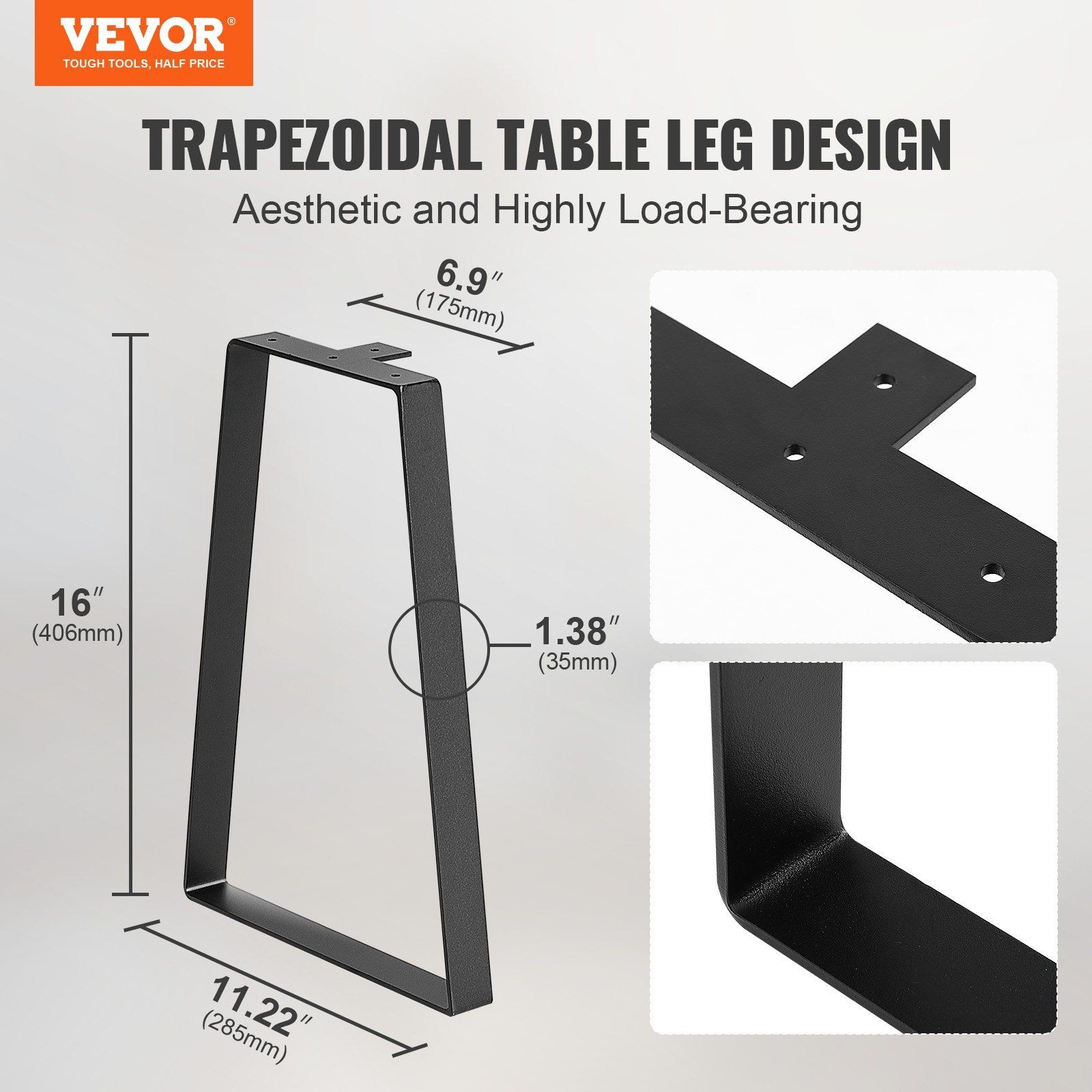 Black Powder Coated 16in Steel Legs 400lb Capacity Table Support