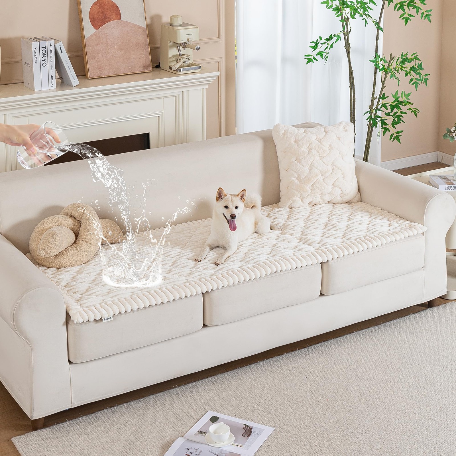 100% Waterproof Fuzzy Couch Cover for Dogs White 27.6″x59″