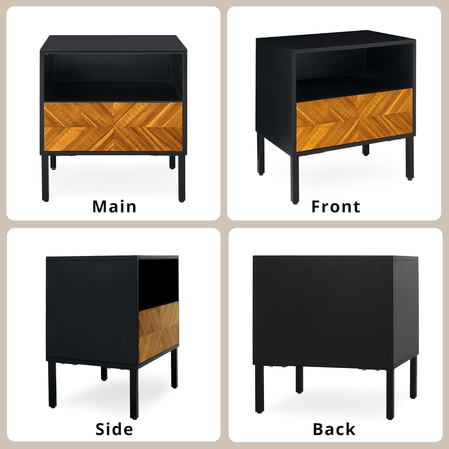 Rustic Herringbone Wood Nightstand – Easy Assembly, Golden Brown & Black Finish