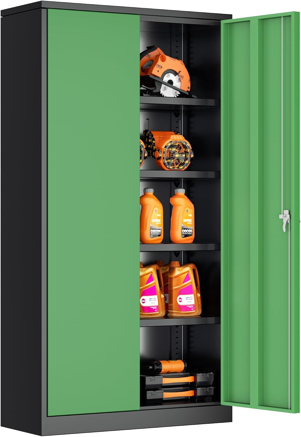 Garage Cabinets with Wheels, 73″ H Metal Locking Cabinet with 2 Doors and 4 Shel