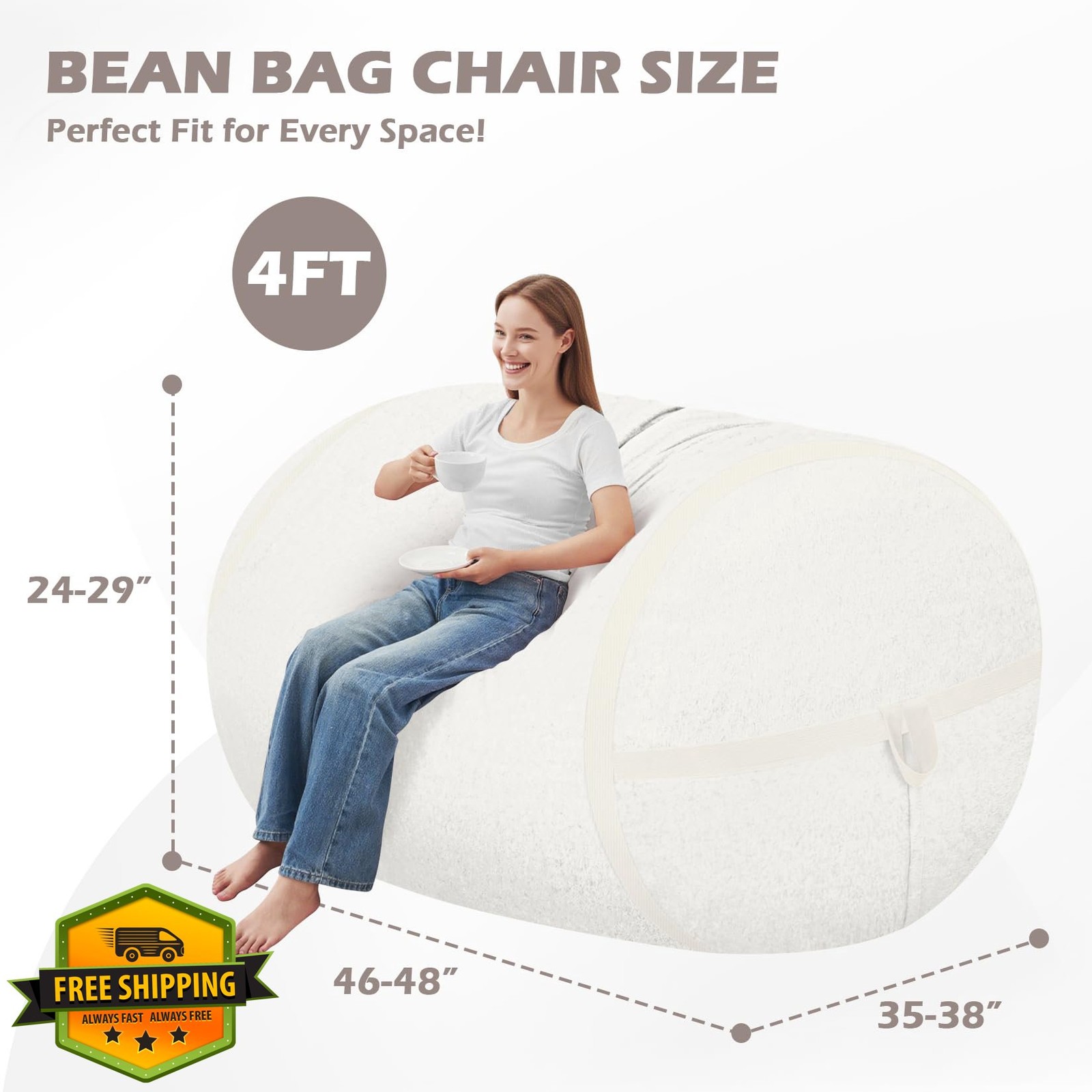 HABUTWAY 4FT Bean Bag Chair Memory Foam Velvet White