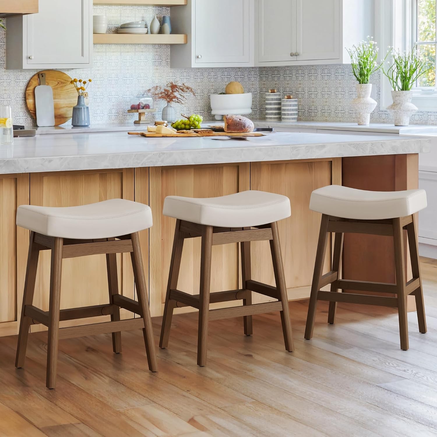 Bar Stools Set of 3 Barstools W/ Sturdy Wood Legs Saddle Seat Counter Height Bar