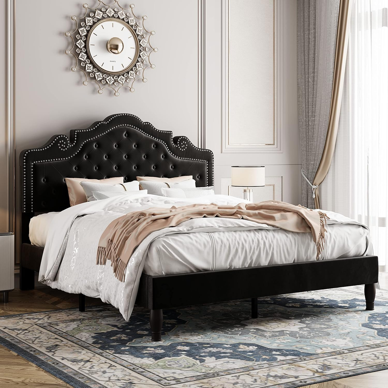 Elegant Black Queen Velvet Bed Frame with Adjustable Headboard & Easy Assembly