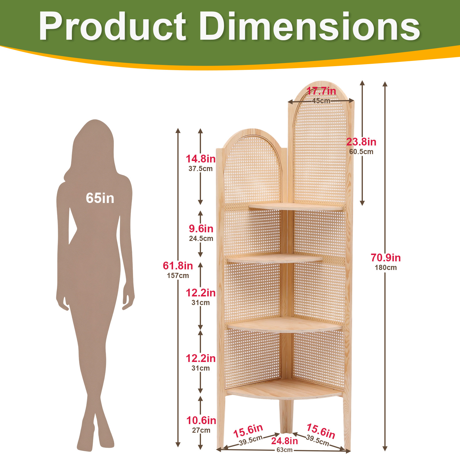 4 Tier Wood Corner Shelf Rattan Bookshelf Multi Unit Organizer Rack with Legs