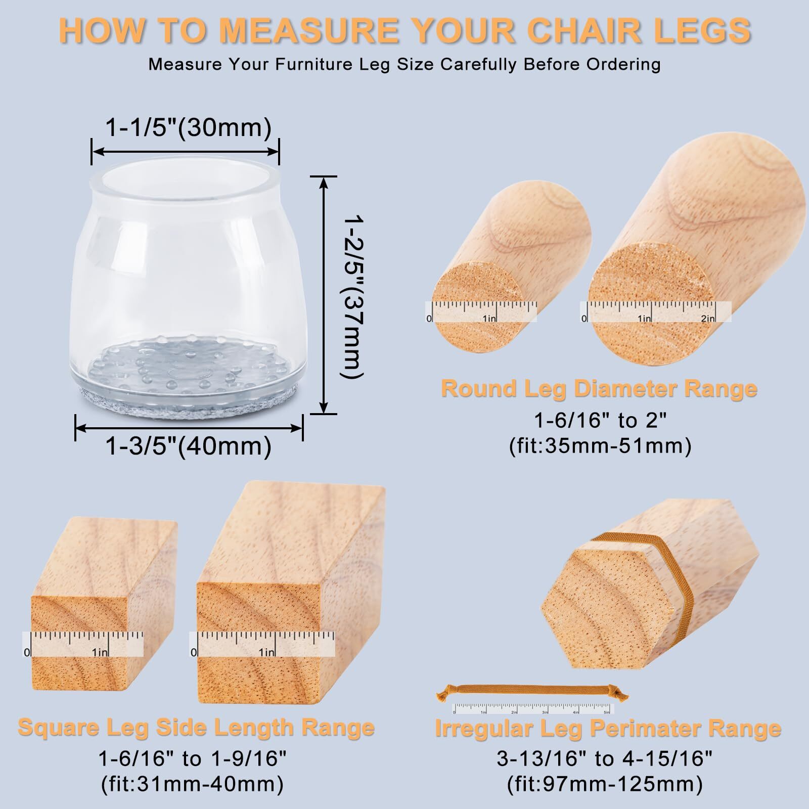 36Pcs, Silicone Chair Feet covers to Protect Floors, (Clear, Large Fit: 1.3–2”)