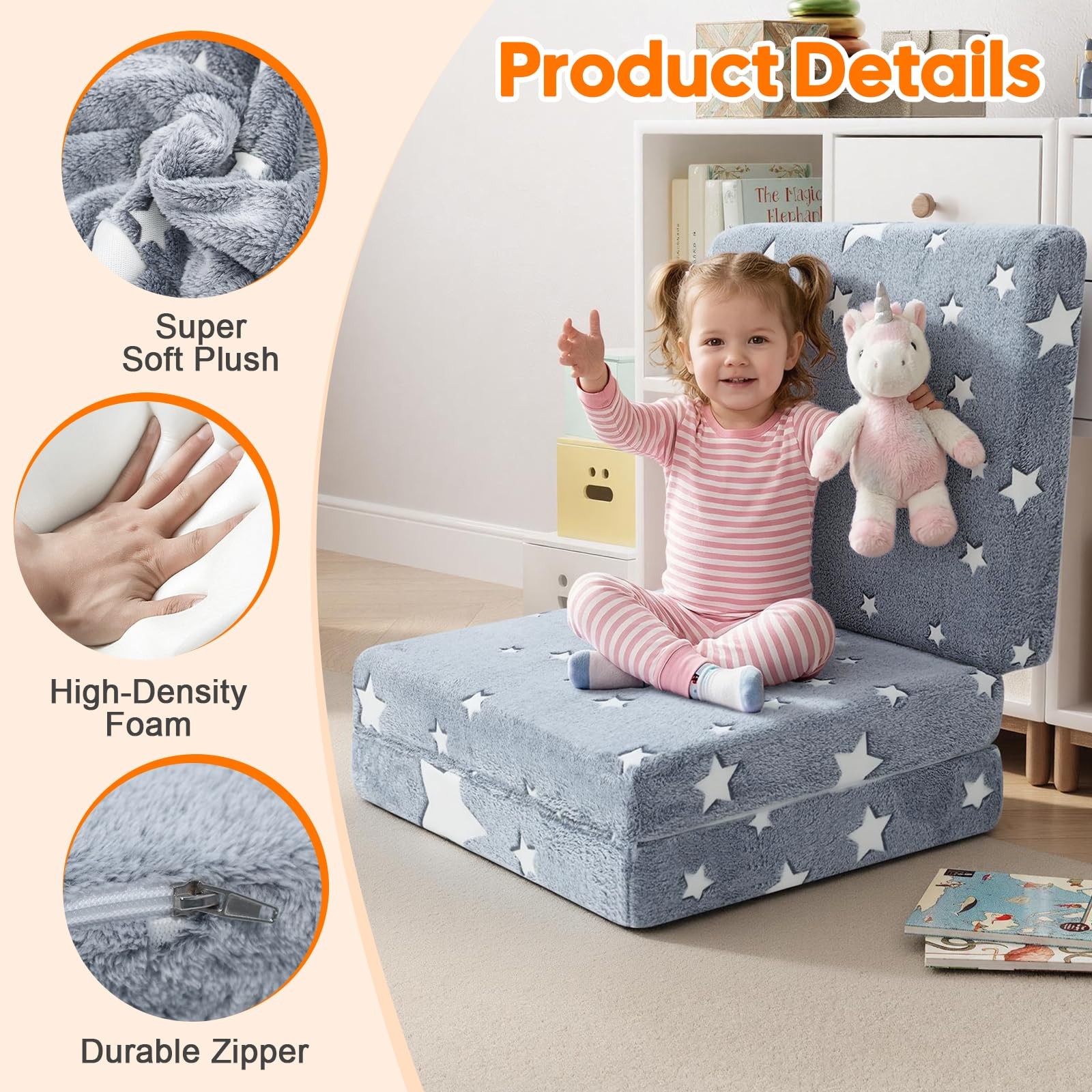 Glow Star Kids Foldable Floor Mattress Trifold, 57×22 Inch Grey