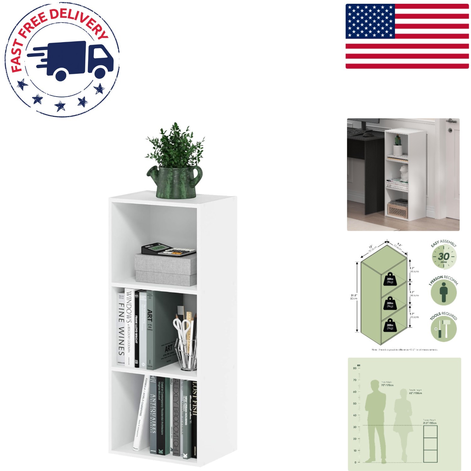 Contemporary White Bookcase with 3 Open Shelves – Space Saver, 9.3 x 12 x 31.5