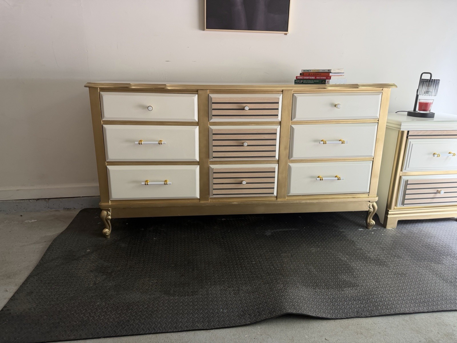 White & Gold 9-Drawer Striped Wood Freestanding Bedroom Dresser