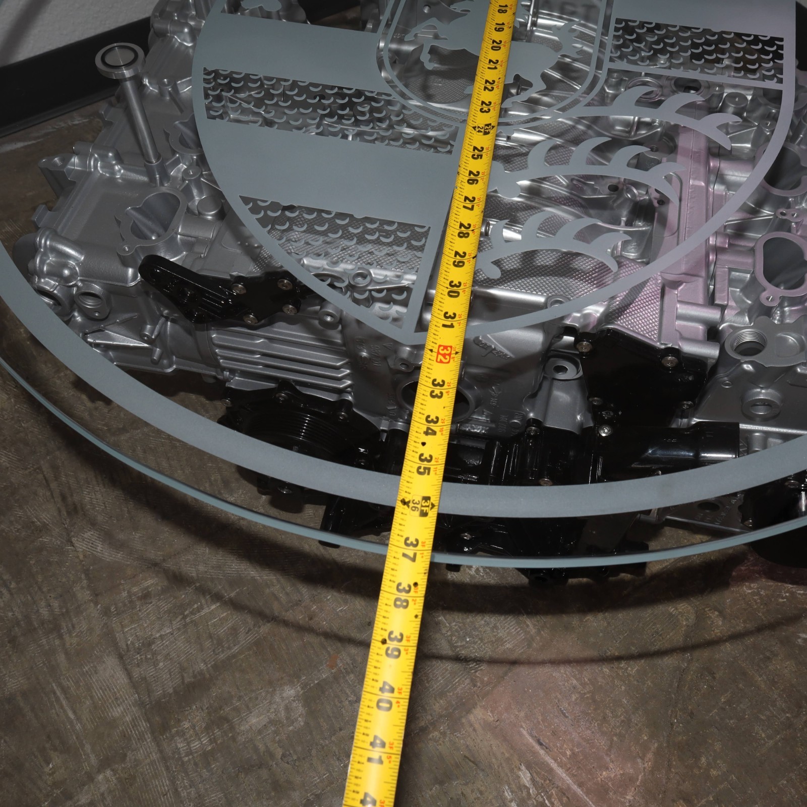 Porsche 911 997 3.6 Engine Coffee Table 37 Round Etched Starphire Glass Top