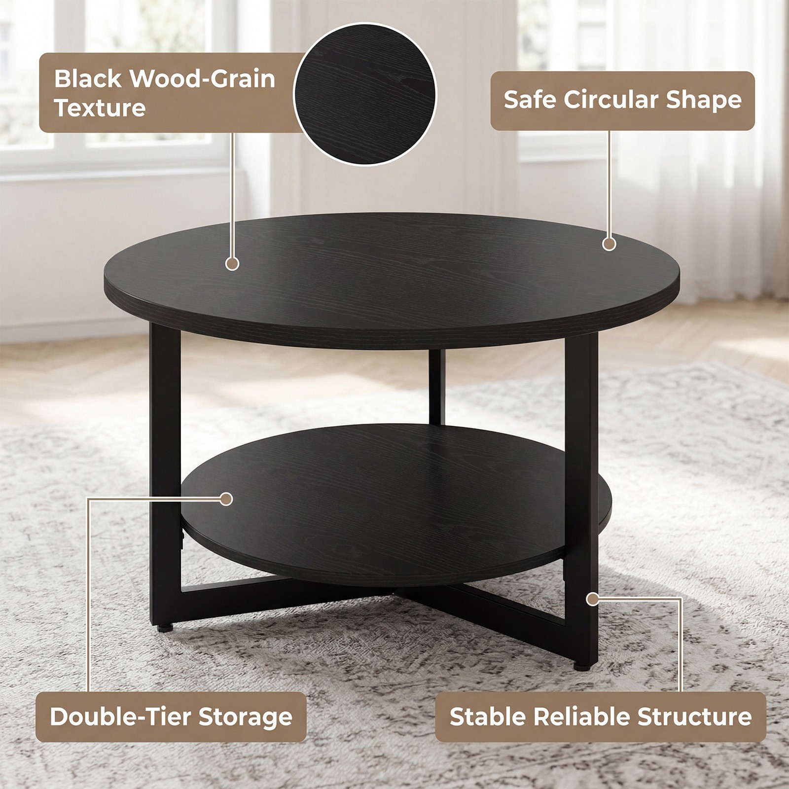31.5in Round Coffee Table Double Tier Storage Shelf Industrial Living Room Furni