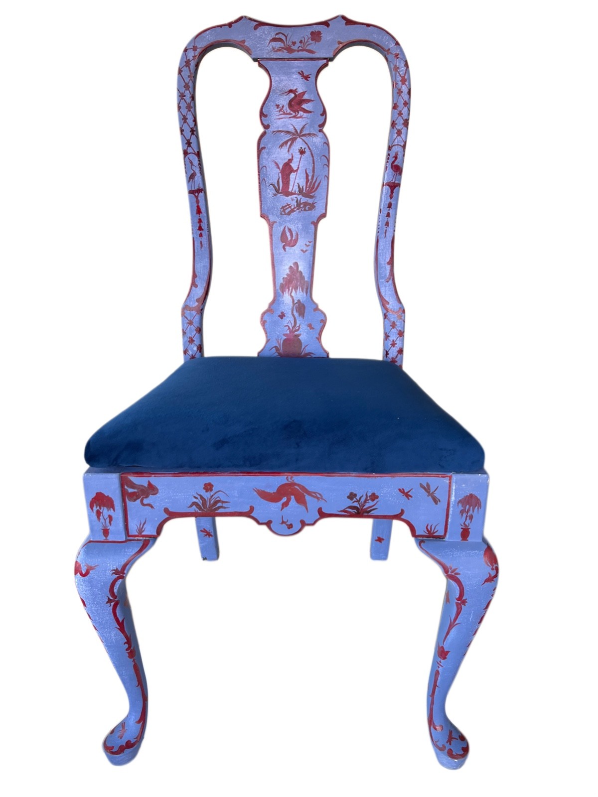 Vintage painted Chinoiserie Chic Blue Accent Chair with New Velvet Upholstery