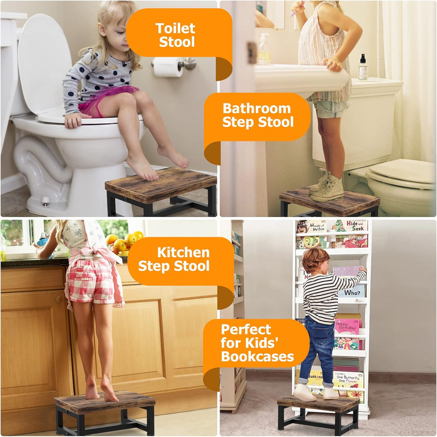 Wooden Step Stool for Adults & Kids Non-Slip Heavy Duty 500LBS Rustic Brown