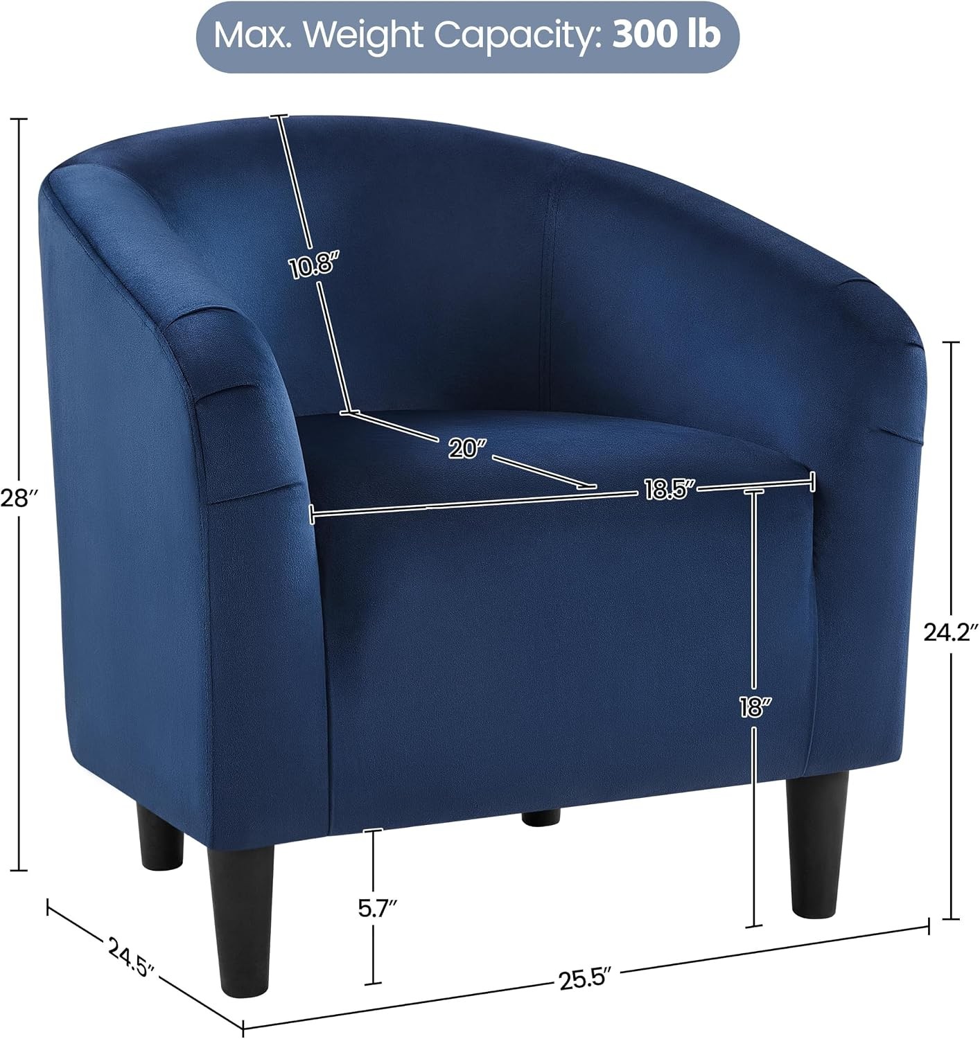 Small 25.5in Wide Velvet Barrel Accent Chair Bedroom Navy Blue | Compact Cozy