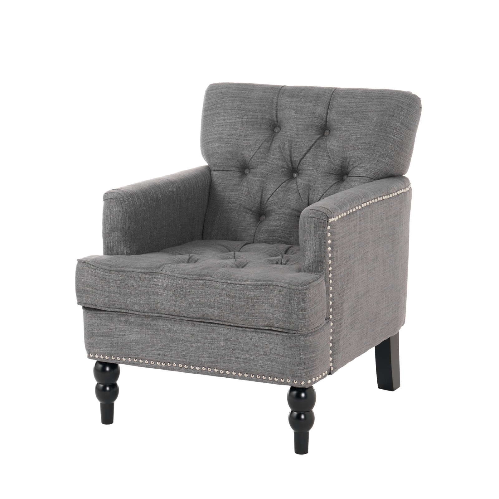 Tufted Club Chair with Nailhead Trim & Birch Legs, Charcoal