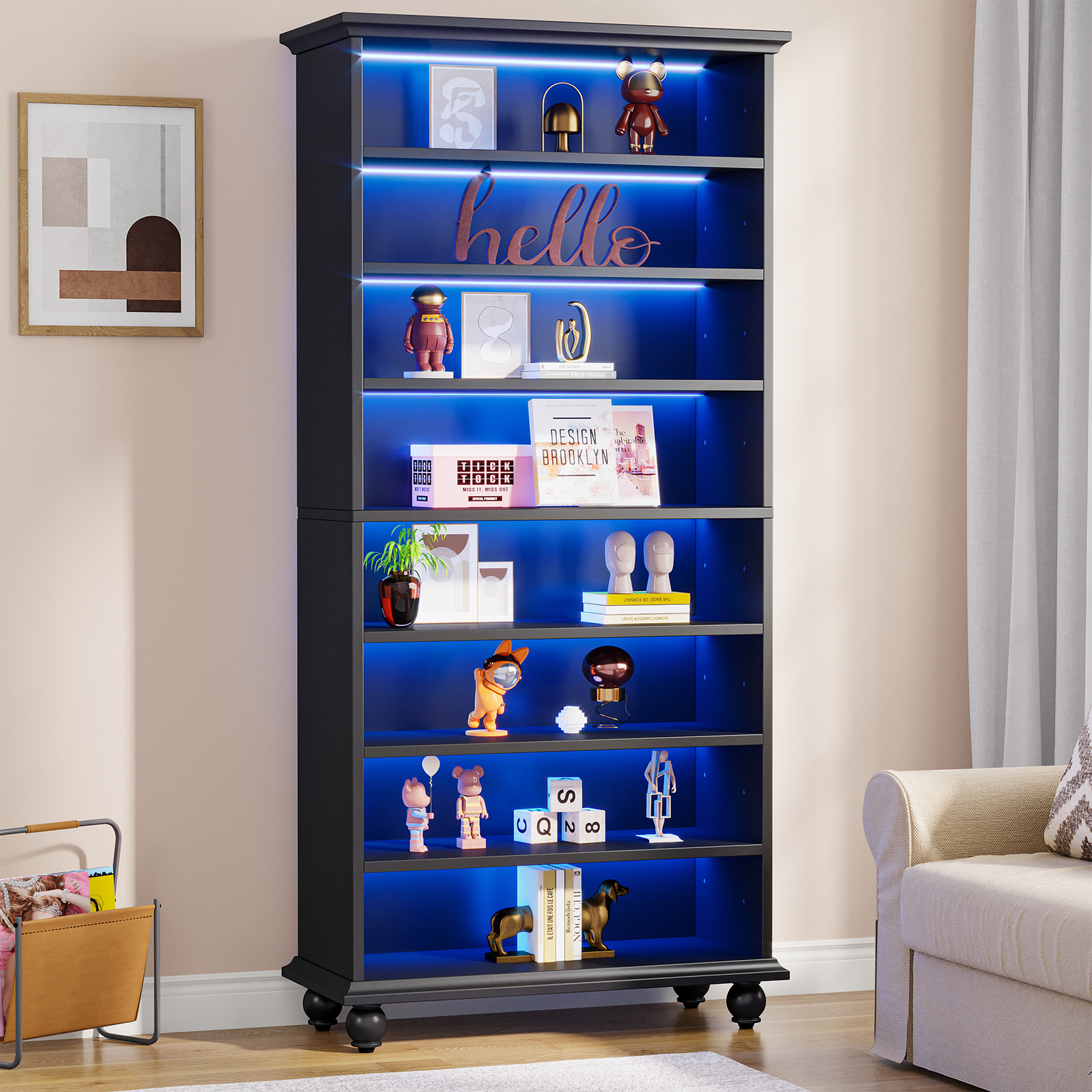 Tribesigns 69″ Tall Bookcase with LED Light, 8-Tier Wood Bookshelf Display Shelf