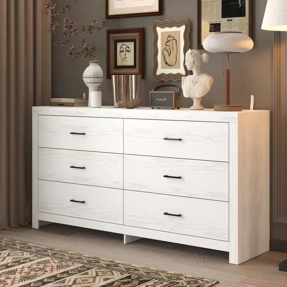 Beige Wood Grain 6-Drawer 63 In. X 15.7 In. X 33.1 In. Dresser, Wood Chest of Dr