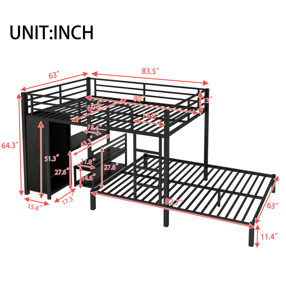 Queen over Queen Bunk Bed Frame with Wardrobe, Desk & Storage Chairs