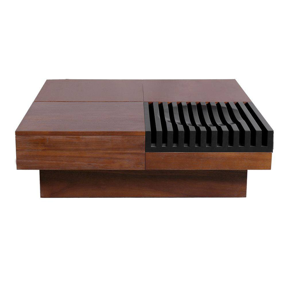 Retro 35 In. Brown and Black Square Acacia Wood Coffee Table with Storage