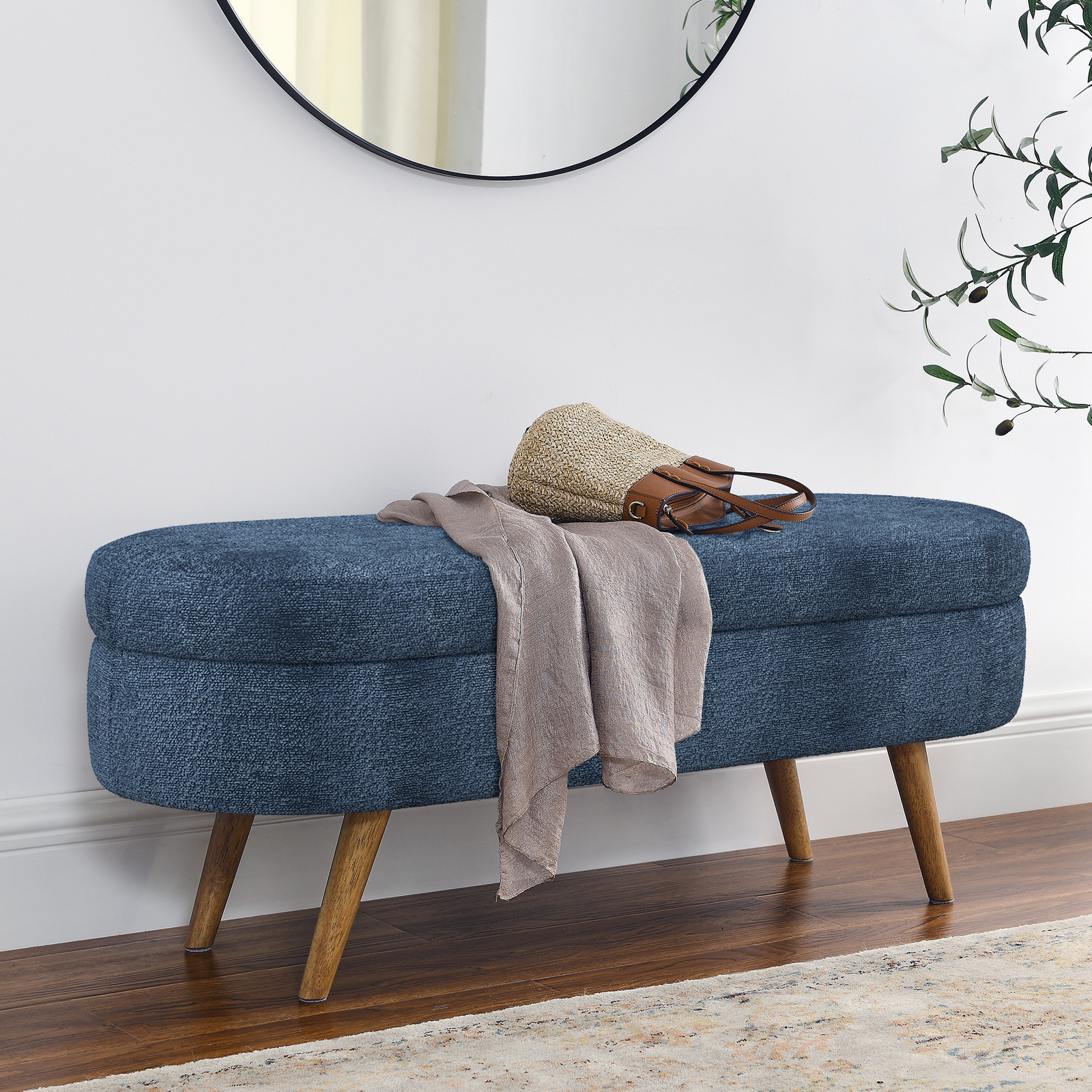 Ottoman Oval Storage Bench,Rubber Wood Legs, Gray (43.5″x16″x16″)